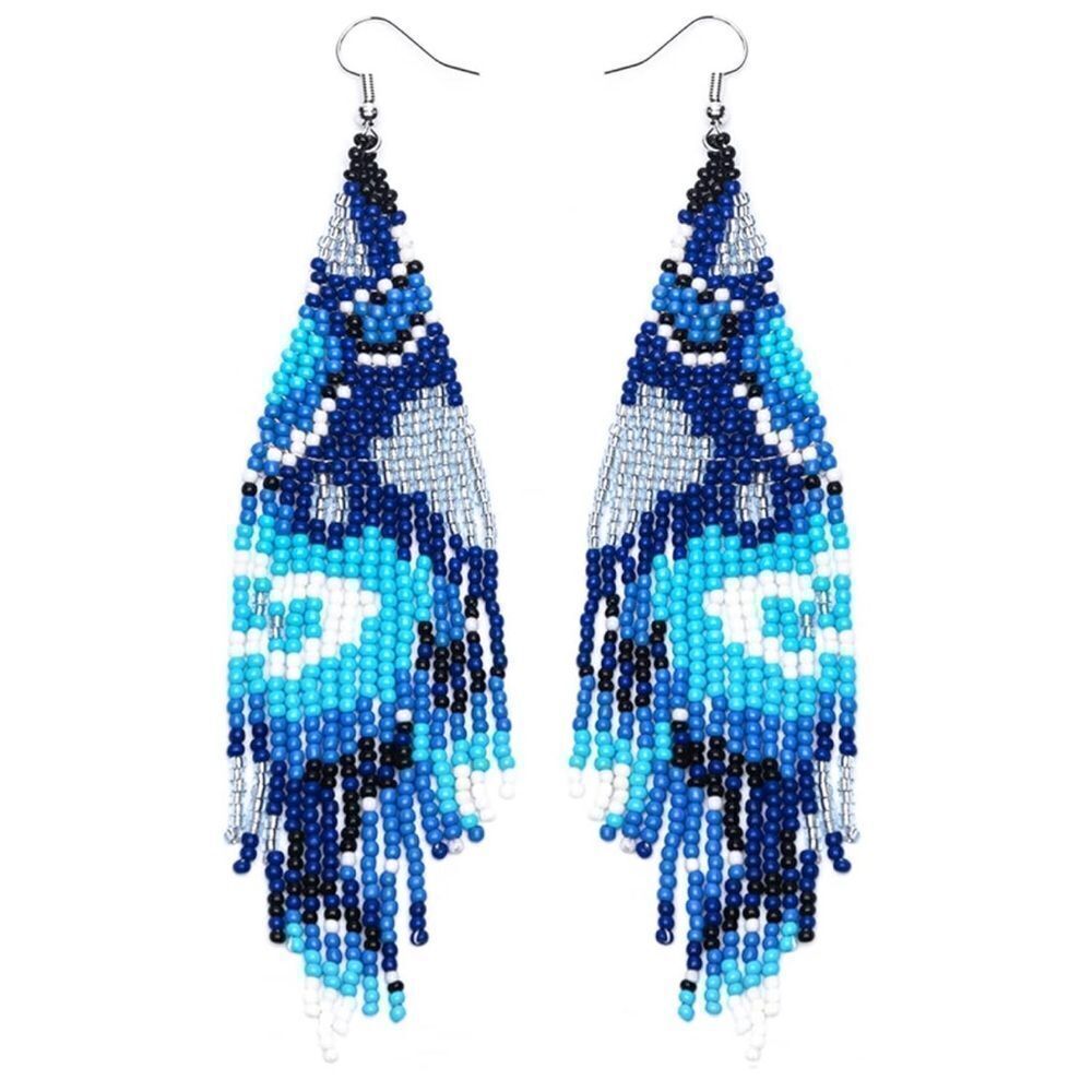 Abstract Bohemian Seed Bead Tassel Dangling Statement French Wire Hook Earrings